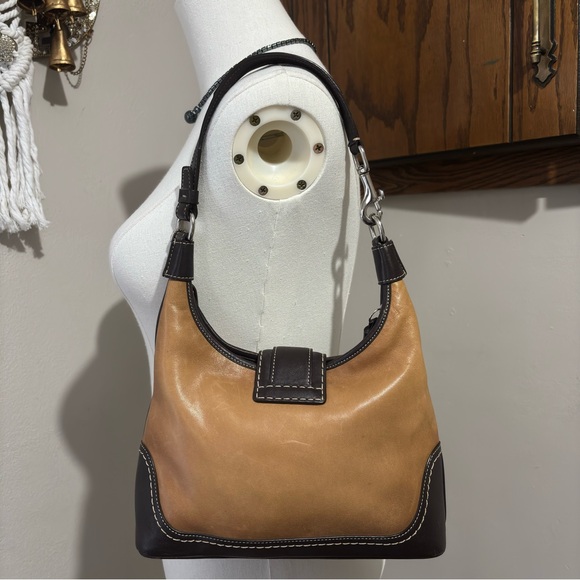 Y2K Vintage Rare Brown Hobo Shoulder Purse C Logo Two Tone Leather Canvas Bag - Picture 5 of 16